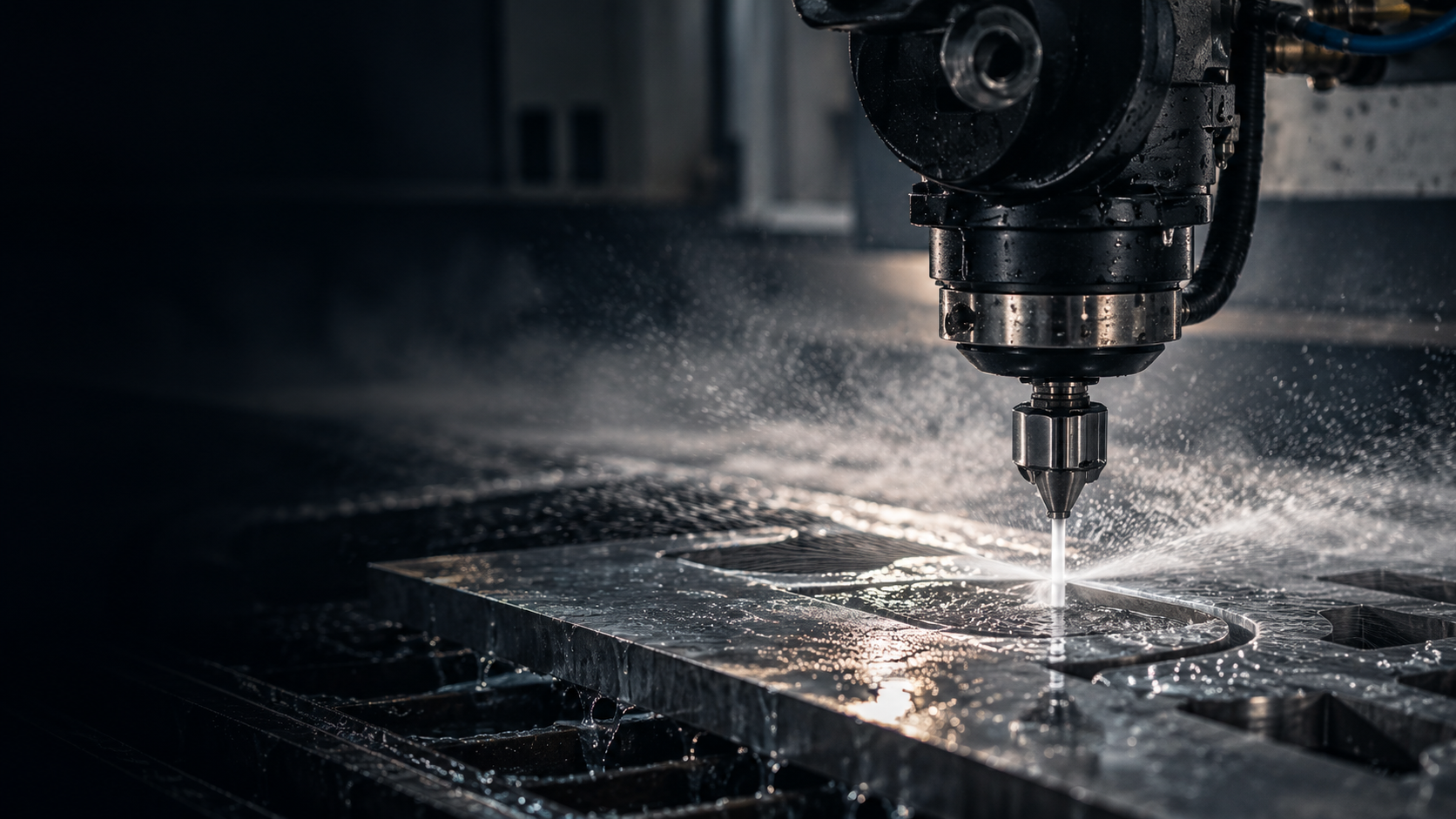 Fenixx Technologies CNC waterjet cutting head slicing through steel plate